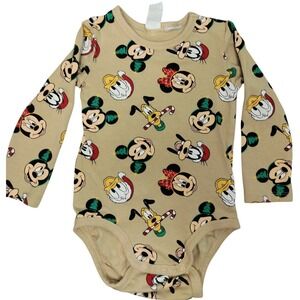 Disney Mickey Mouse Christmas Long Sleeve Baby Snap‎ Tan Cartoon Print Size 12M